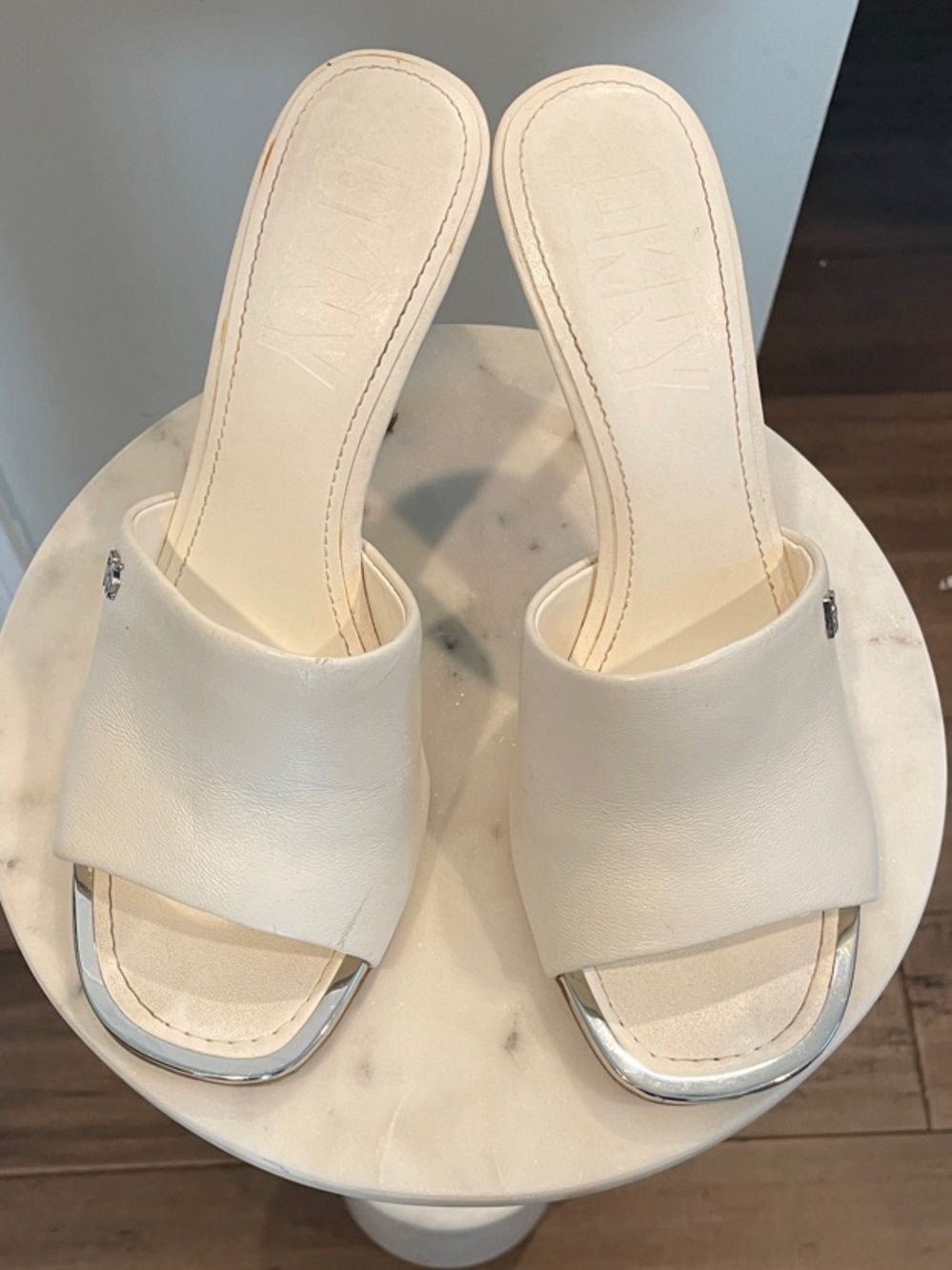 DKNY White Slide Mules with Silver Toe Detail